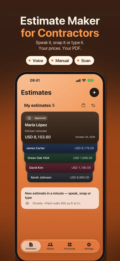 Estimate maker for contractors: estimate list with totals
