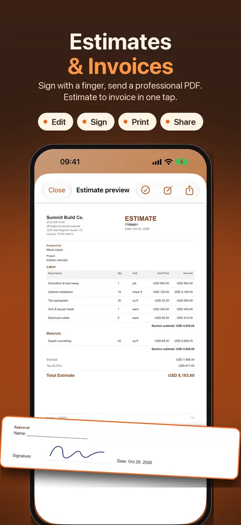 Estimates and invoices: signed estimate PDF