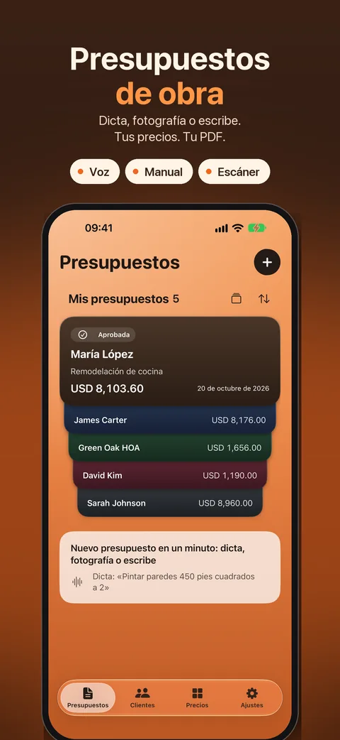 Presupuestos de obra: lista con importes