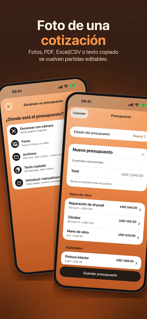Presupuesto en papel escaneado en filas editables