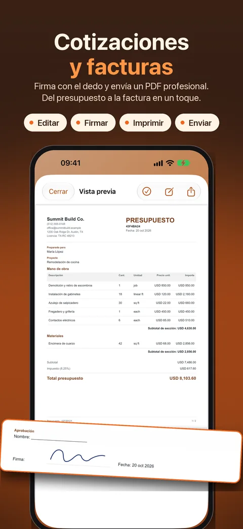 Cotizaciones y facturas: PDF firmado